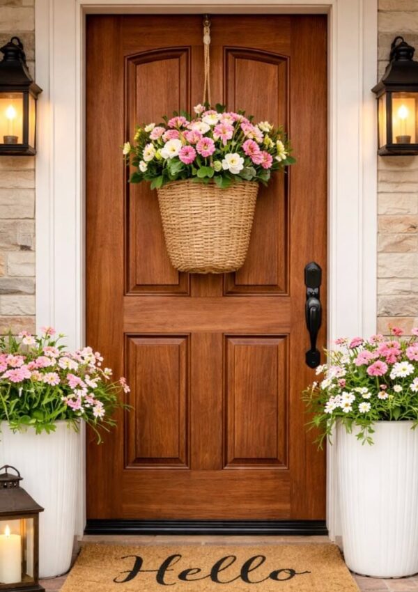 A wooden front door with a hanging basket of pink and white flowers. Two large white planters with matching flowers sit on either side. Lanterns and a Hello doormat complete the welcoming scene.