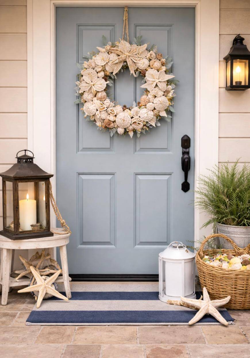A light blue front door decorated with a seashell wreath. By the door are lanterns, a lit candle, a basket of seashells, starfish, a potted plant, and a blue-striped doormat. A wall lantern is mounted to the right.