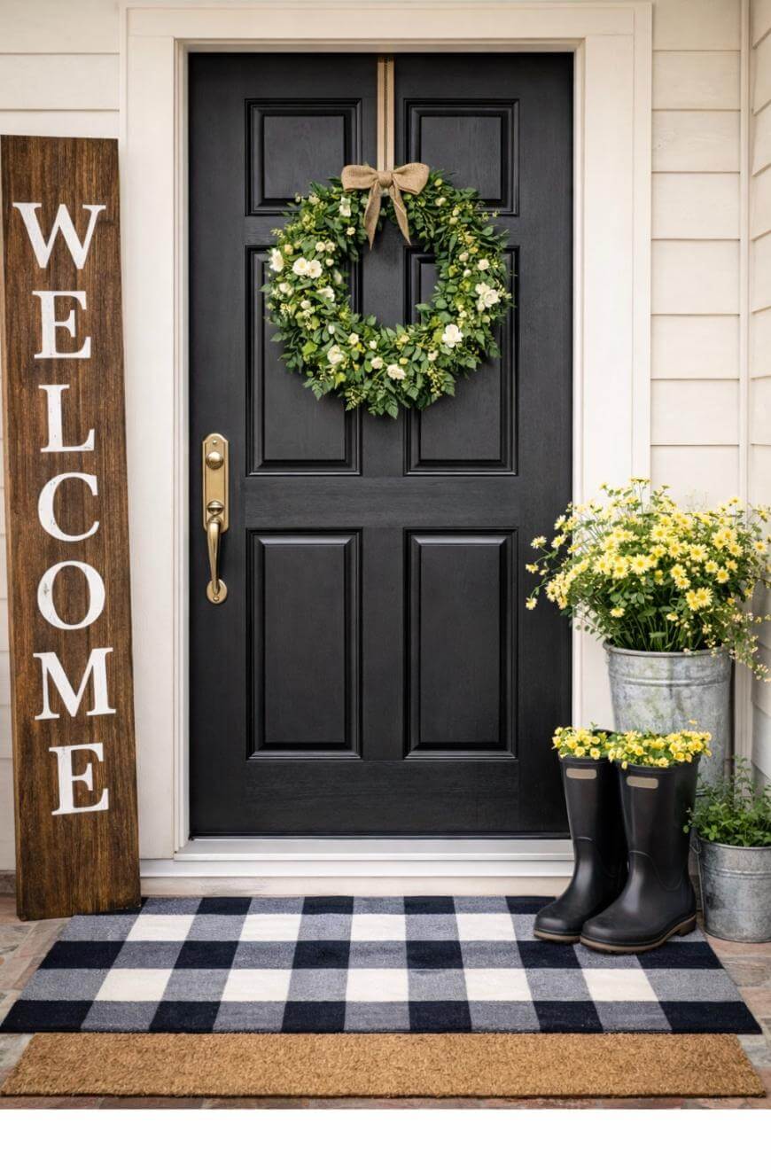 A black front door with a green wreath, a vertical WELCOME sign, potted yellow flowers in tin buckets, black rain boots, and a checkered doormat create a welcoming entrance.