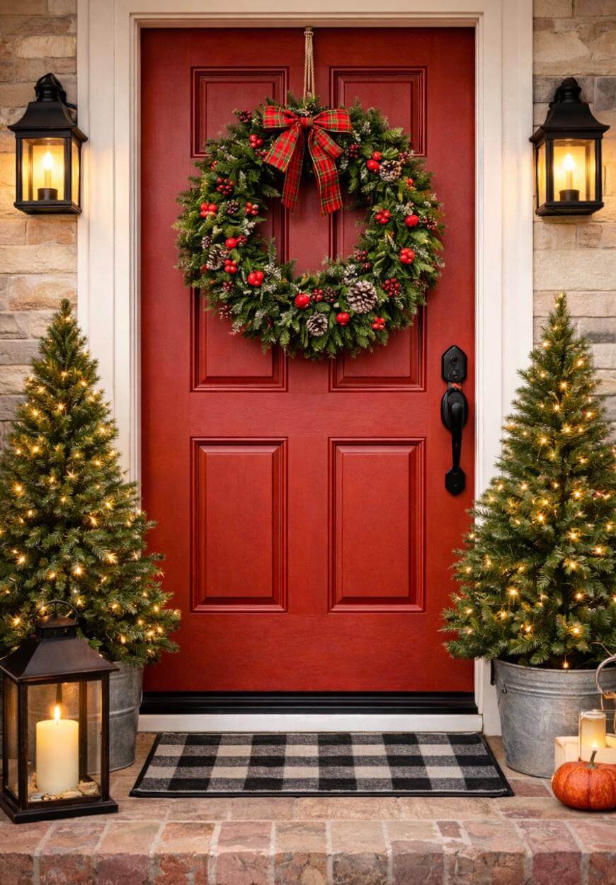 A red front door decorated with a wreath, flanked by two lit evergreen trees in metal buckets. Two lanterns with candles and a small pumpkin sit on the steps; wall lanterns and a checkered doormat add to the festive scene.