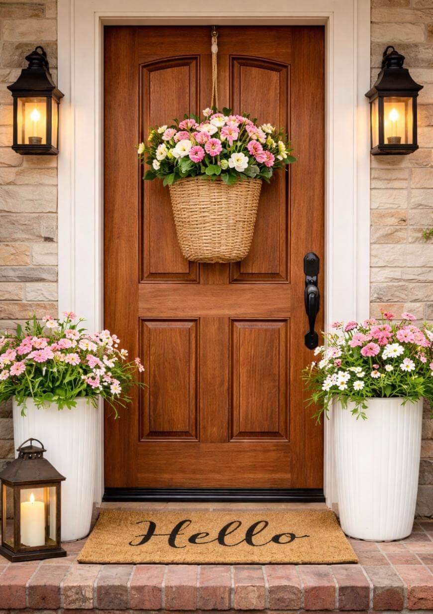 A wooden front door with a Hello doormat, flanked by two large white planters of pink flowers. A basket of flowers hangs on the door. Two wall lanterns and a candle in a lantern sit beside the door.