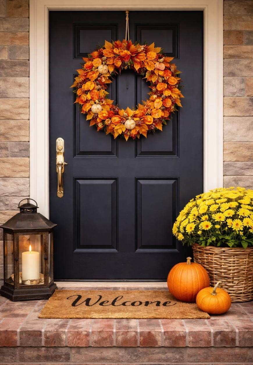 A black front door decorated with an autumn wreath, flanked by yellow flowers in a basket, two pumpkins, a lantern with a lit candle, and a doormat that says Welcome. The scene has a cozy, fall atmosphere.