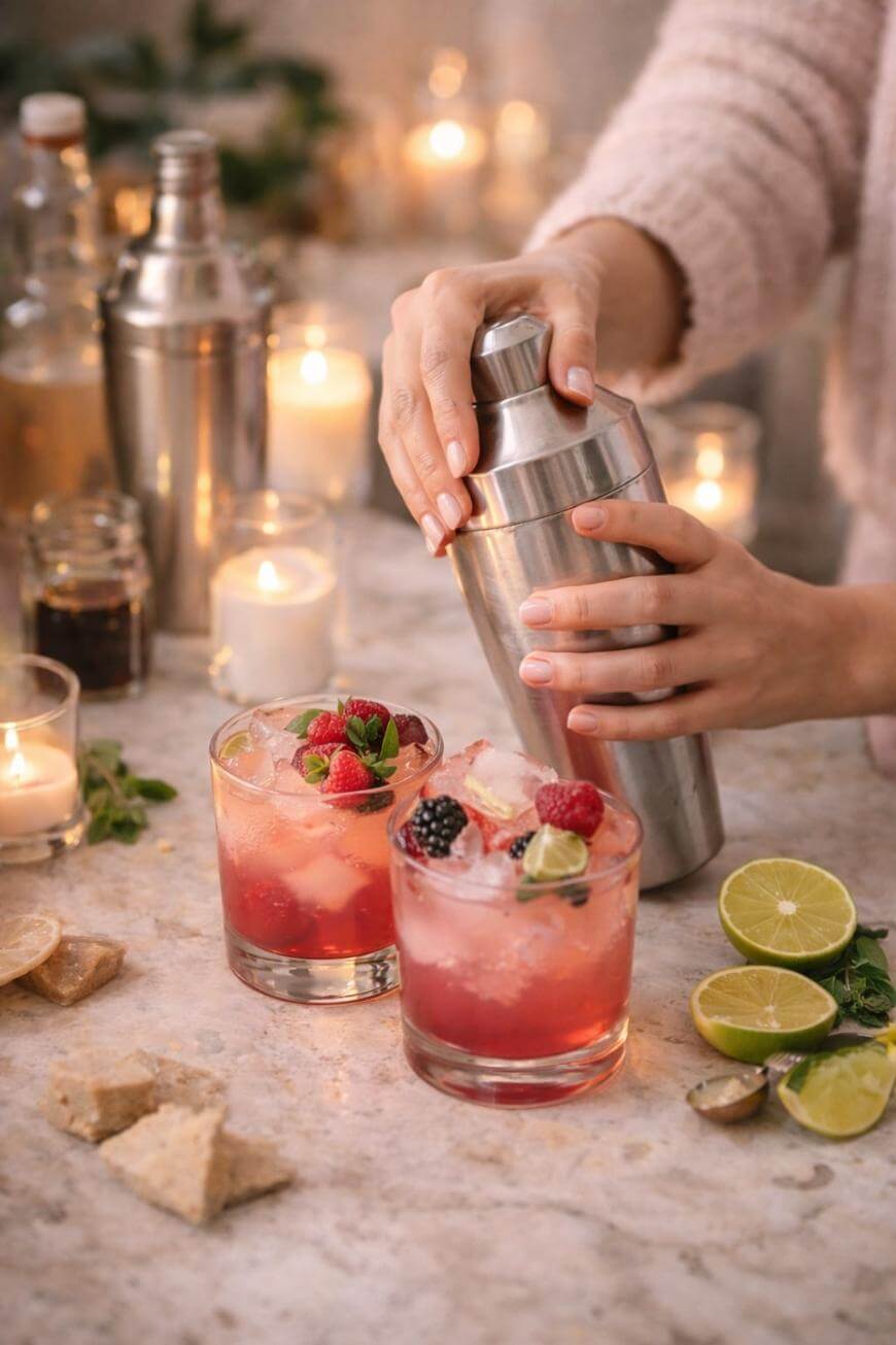 A person shakes a cocktail shaker beside two glasses of colorful berry cocktails garnished with mint, lime, and berries. Lit candles, sliced limes, and bar tools are on the marble countertop.