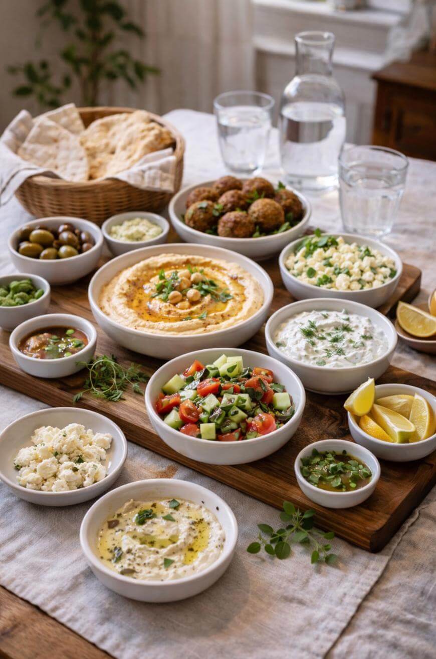 A wooden board filled with Mediterranean dishes, including hummus, falafel, tzatziki, salad, feta cheese, olives, pita bread, and lemon wedges, with water glasses and extra plates on a linen-covered table.