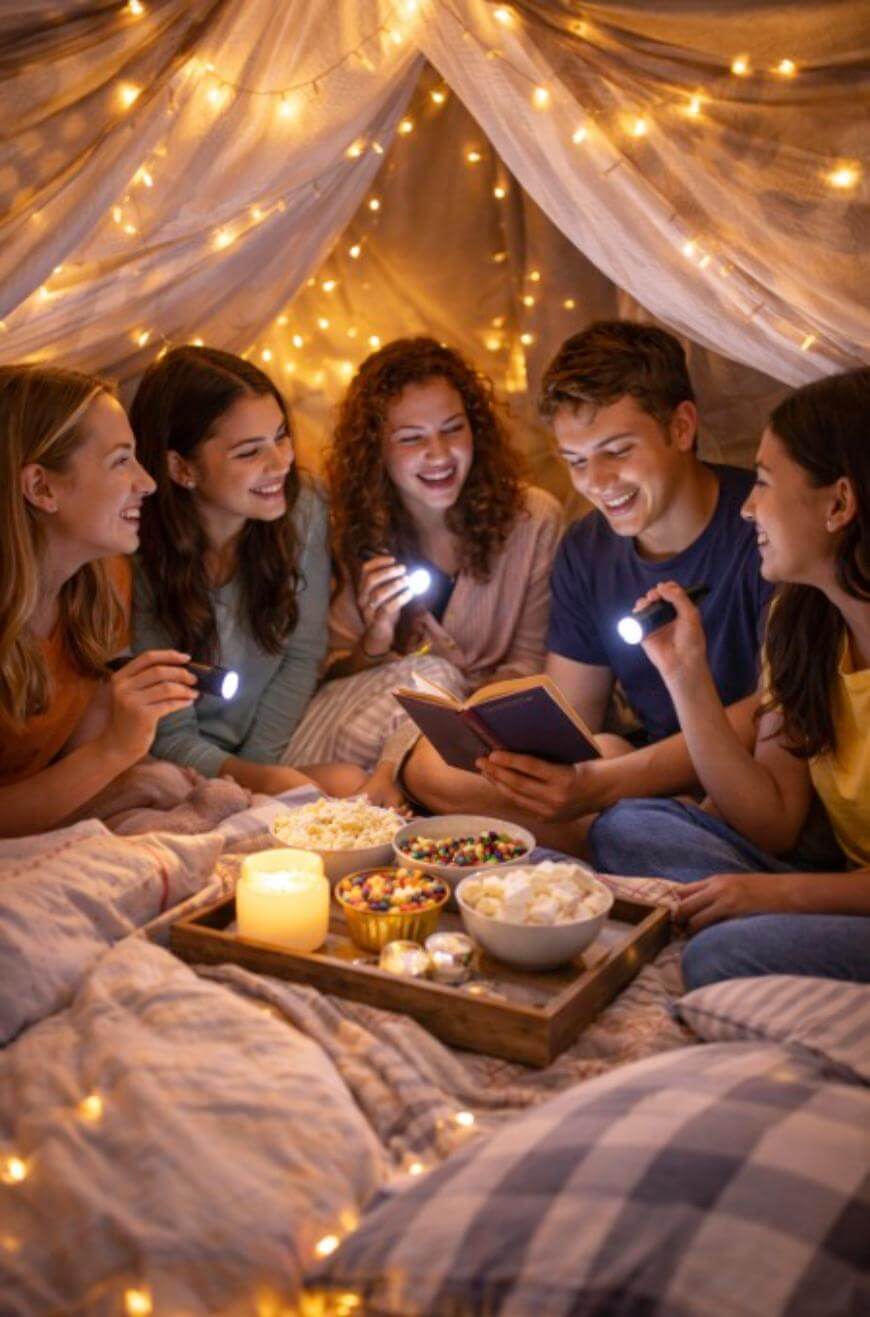 Five friends sit in a cozy blanket fort with string lights overhead, holding flashlights and snacks, smiling and reading a book together. A tray holds popcorn, candy, and a lit candle in the center.
