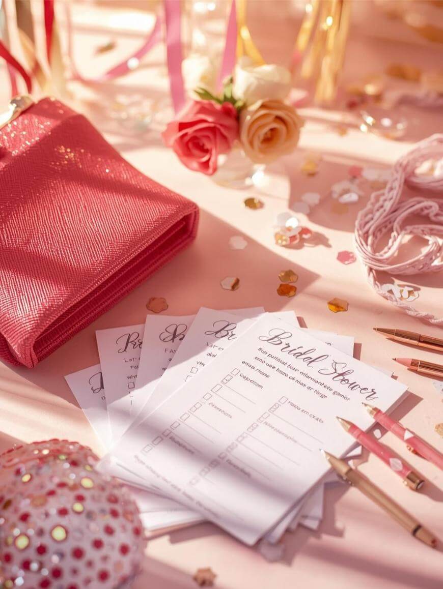 Close-up of bridal shower game cards, pencils, a pink purse, roses, ribbons, and scattered confetti on a pink table, creating a festive and elegant party atmosphere.