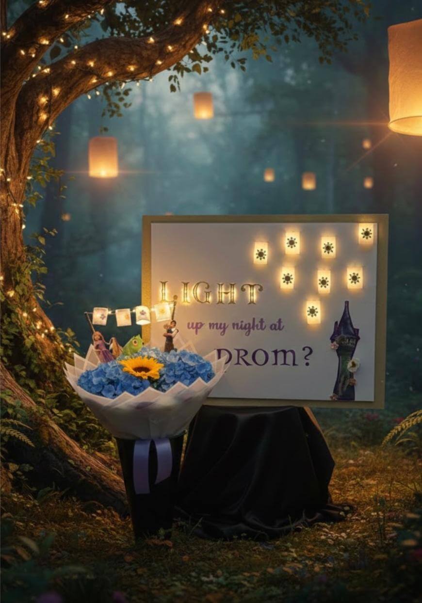 A dreamy forest scene with glowing lanterns, fairy lights in a tree, a lit-up sign reading “Light up my night at prom?”, a bouquet of blue flowers with a sunflower, and soft evening light creating a magical atmosphere.