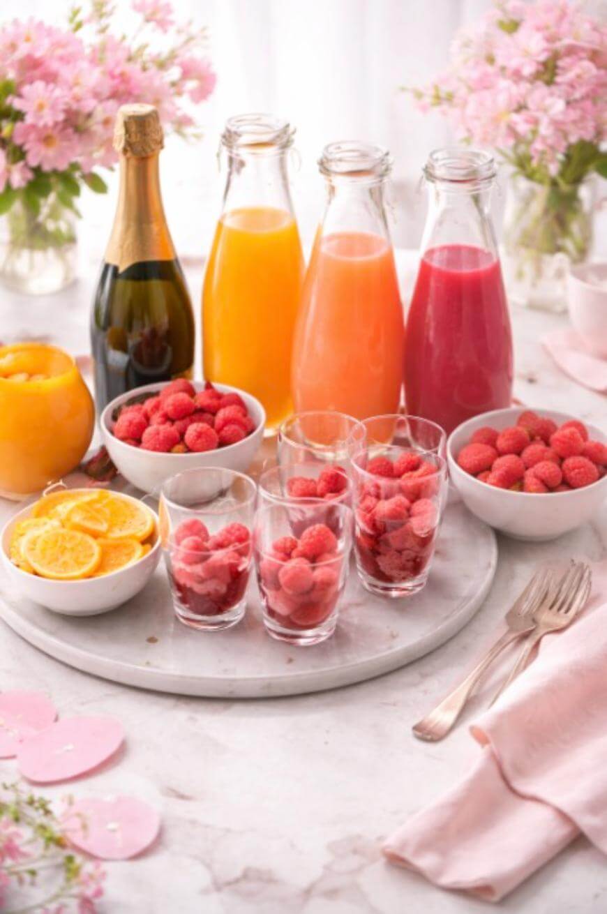 A brunch setup with glasses of raspberries, bowls of raspberries and orange slices, bottles of juice, a bottle of champagne, pink flowers, and napkins on a marble surface.