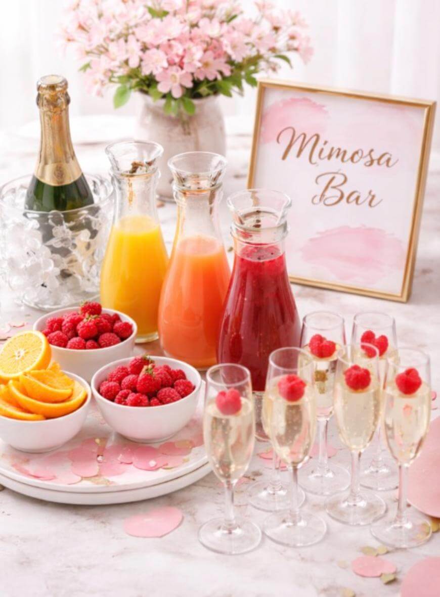 A mimosa bar setup with bottles of champagne, carafes of orange, peach, and berry juice, bowls of raspberries and orange slices, champagne flutes with raspberries, and a sign reading Mimosa Bar. Pink flowers are in the background.