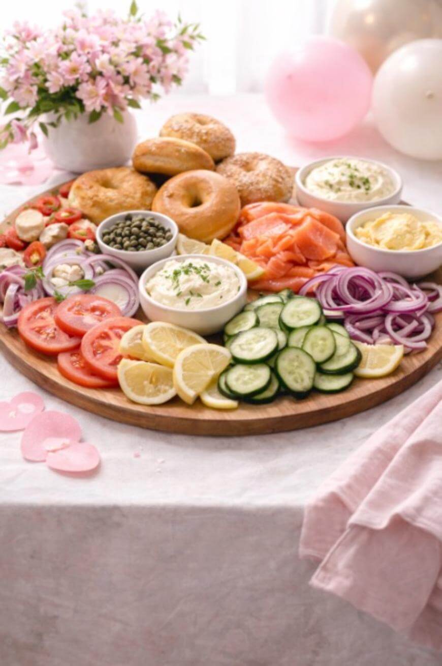 A round wooden platter with bagels, smoked salmon, sliced tomatoes, cucumbers, red onions, lemon wedges, capers, and bowls of cream cheese, set on a light pink tablecloth near flowers and balloons.