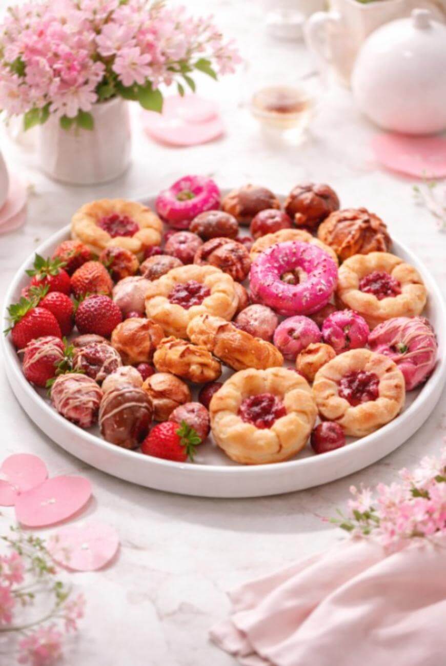 A white plate filled with assorted pastries, mini donuts with pink glaze, danishes with fruit centers, and fresh strawberries. The plate is on a light table, surrounded by pink flowers and a teapot.