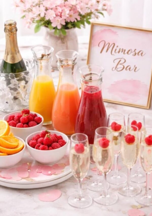 A mimosa bar setup with champagne, carafes of orange and red juice, bowls of raspberries and orange slices, champagne flutes garnished with raspberries, and a “Mimosa Bar” sign on a table decorated with flowers.