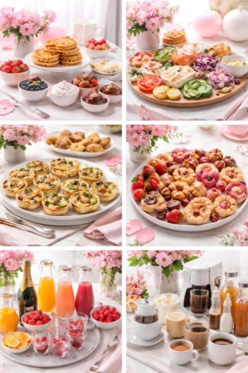A collage of six images shows a beautifully arranged brunch spread with waffles, fresh fruits, savory pastries, mini quiches, donuts, juices, coffee, and spring flowers on a pink and white decorated table.
