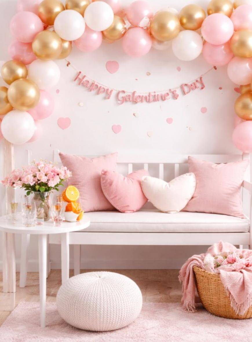 A cozy, pastel-themed room decorated with pink and gold balloons, a “Happy Galentine’s Day” banner, pink cushions on a white bench, flowers, drinks, and a basket with a blanket on a soft pink rug.