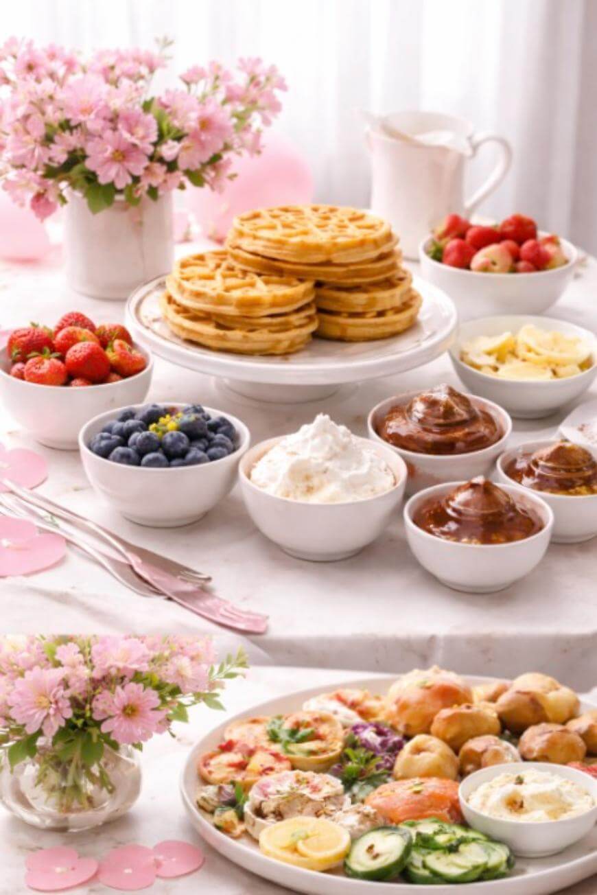 A bright table set for brunch with waffles, bowls of blueberries, strawberries, bananas, whipped cream, syrups, and a plate of assorted savory pastries and vegetables. Pink flowers decorate the setting.