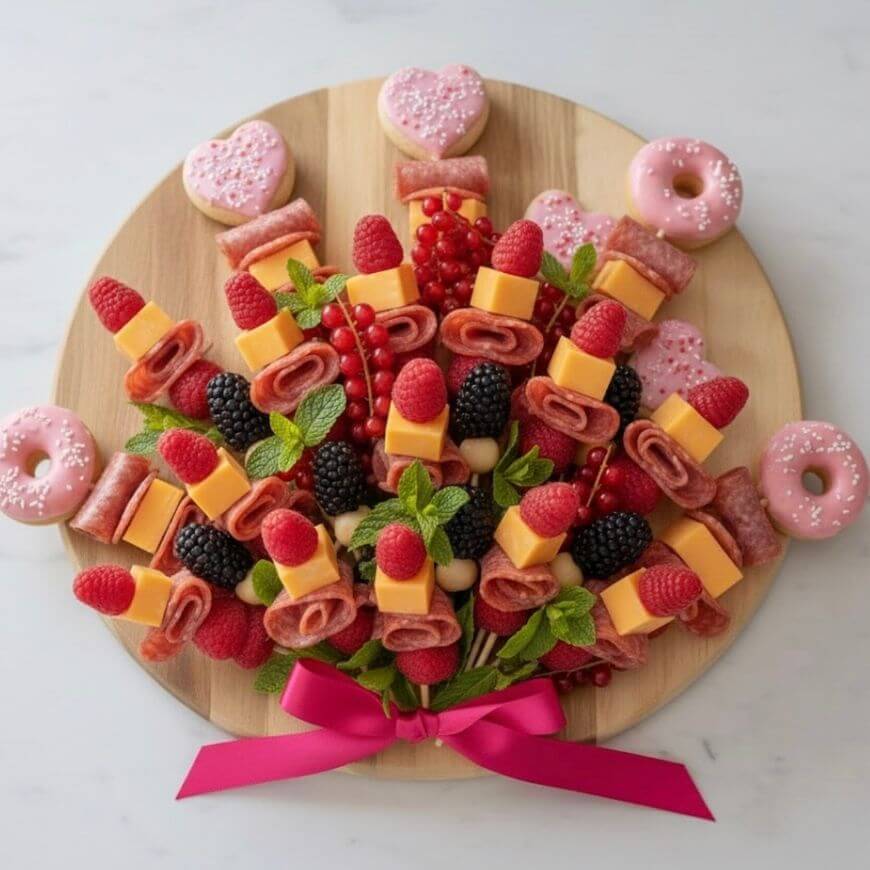A round wooden board arranged with fruit, cheese, salami skewers, pink heart-shaped cookies, mini pink donuts, and fresh mint leaves, all tied together with a pink ribbon at the bottom.