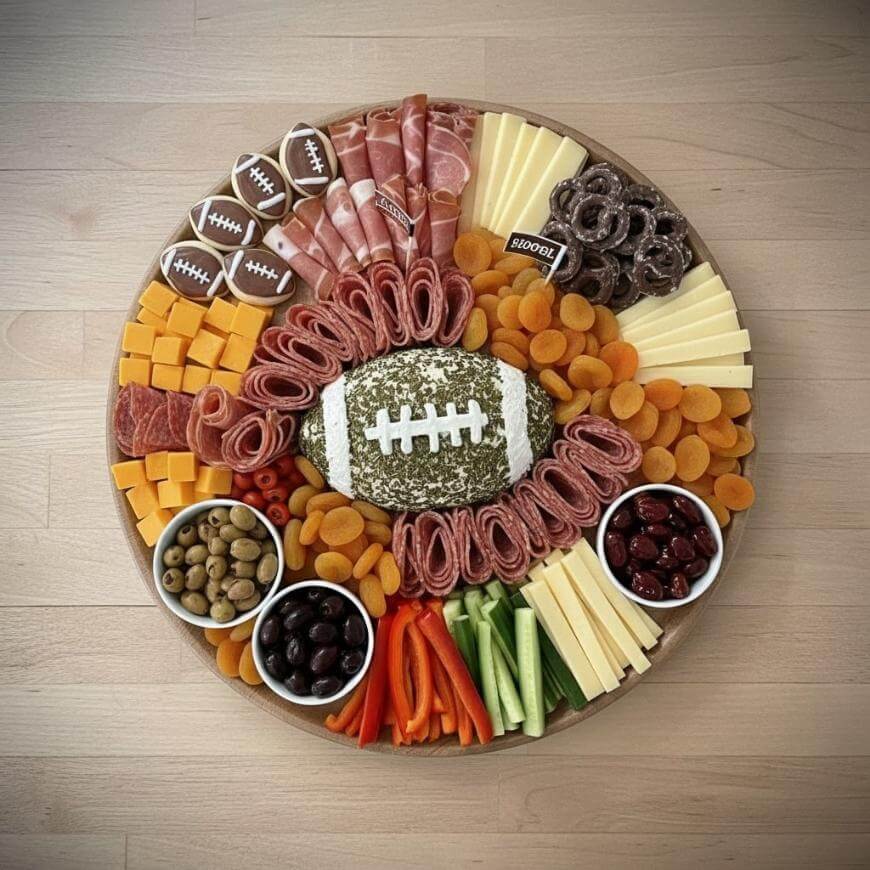 A round charcuterie board arranged with meats, cheeses, crackers, fruits, veggies, olives, and chocolate pretzels. Centered is a cheese ball shaped like a football, with smaller football-shaped snacks around the board.