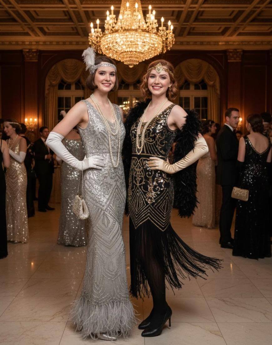 Two women in glamorous 1920s flapper dresses, one in silver and one in black with feather details, pose together at a formal event in an elegant ballroom with a chandelier and other guests in the background.
