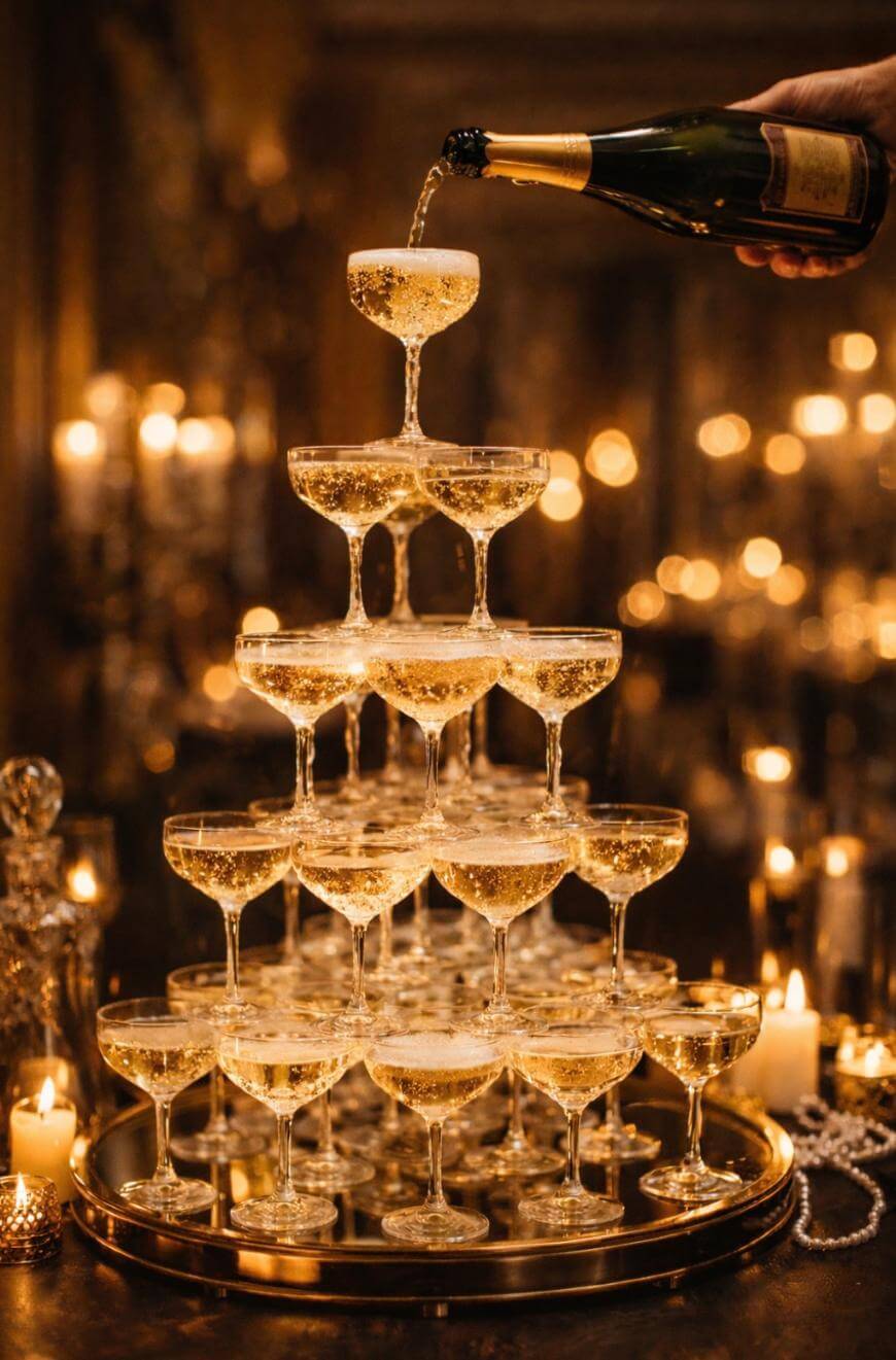 A hand pours champagne into the top glass of a pyramid of coupe glasses, causing bubbly champagne to overflow into the glasses below. The scene is warmly lit with candles in the background.