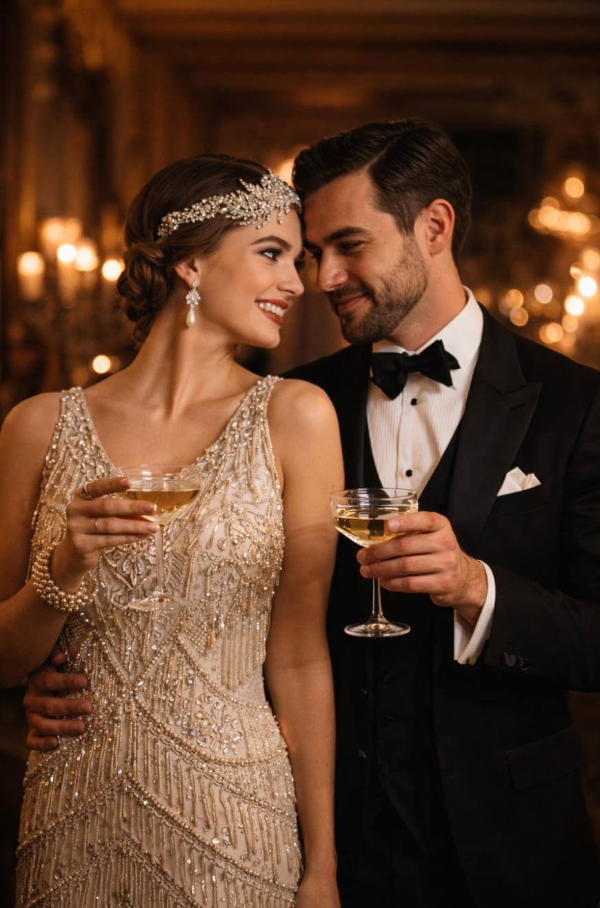 A smiling couple dressed in elegant, 1920s-inspired evening wear hold champagne glasses and gaze at each other in a warmly lit, luxurious setting.