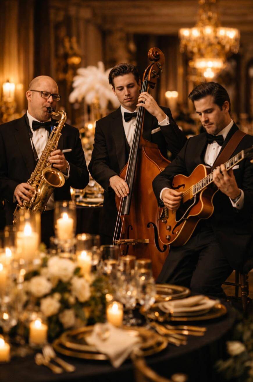 Three musicians in tuxedos play saxophone, upright bass, and guitar at an elegant, candlelit event. The table is set with flowers, glassware, and gold accents, while chandeliers glow in the lavish background.