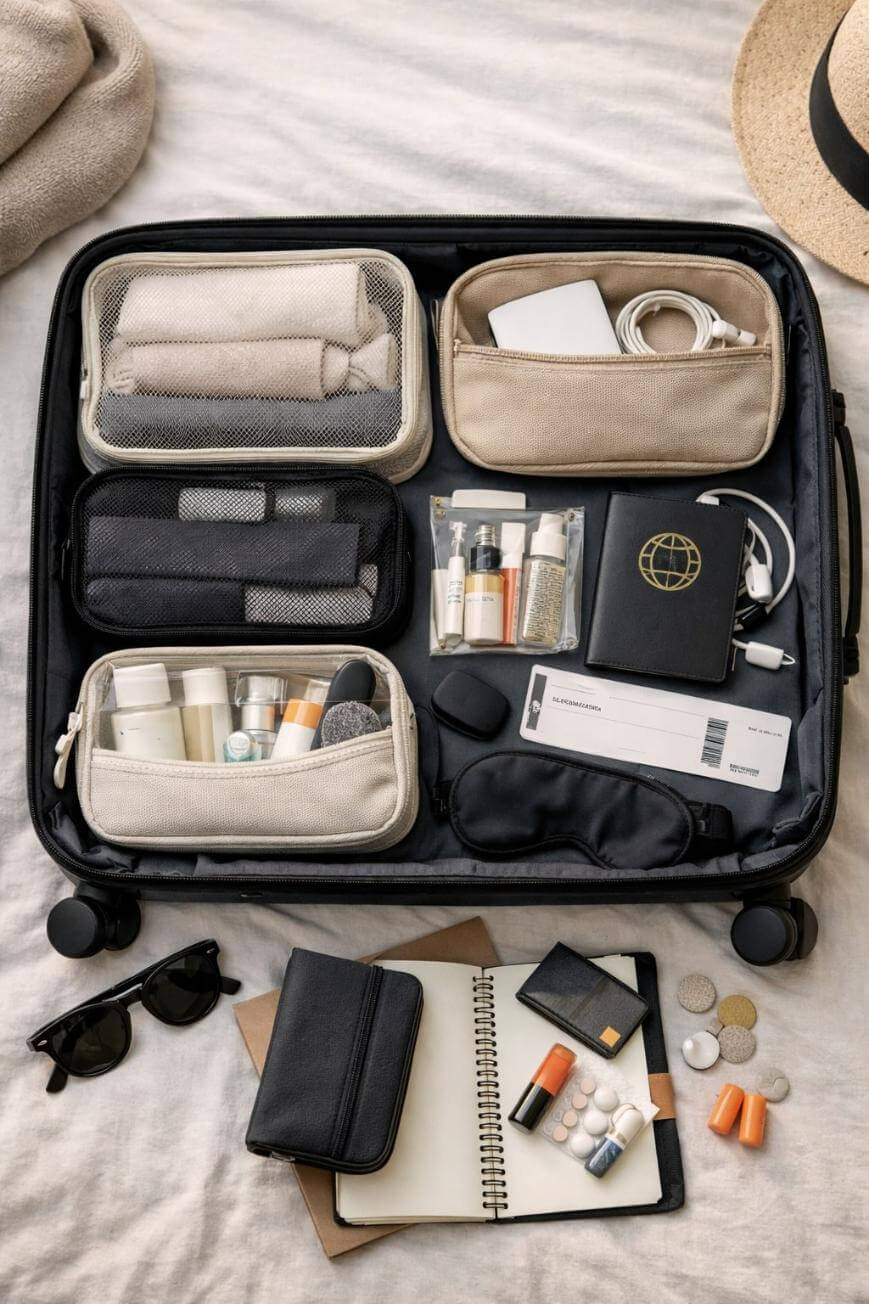 An open suitcase neatly packed with pouches containing toiletries, cables, travel documents, sunglasses, a notebook, a pen, pills, a passport, and a boarding pass. A hat and a sweater are nearby.