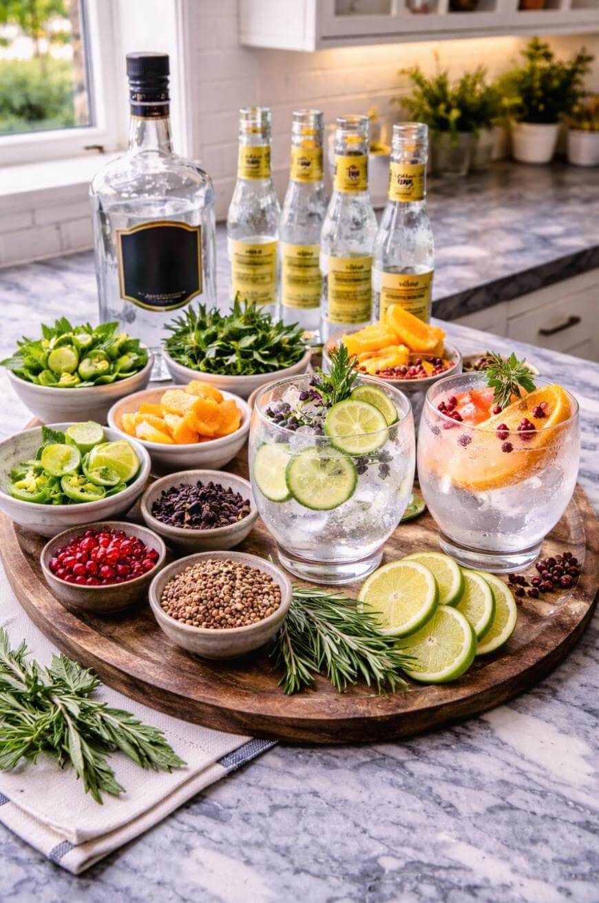 A round wooden tray on a marble counter holds three gin and tonic cocktails with ice, garnished with lime, herbs, and fruit. Surrounding the drinks are bowls of sliced citrus, berries, herbs, and spices, with tonic bottles and gin in the background.