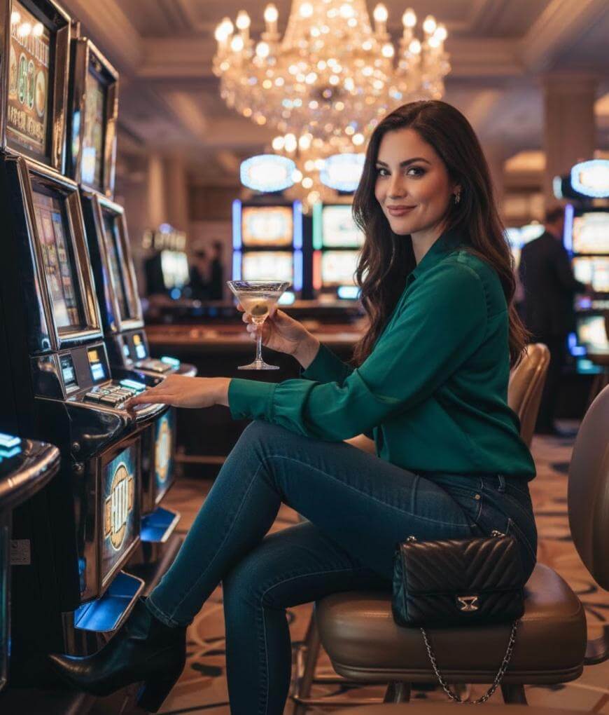 A woman in a green blouse and jeans sits at a casino slot machine, holding a martini glass and smiling. A black purse rests on her lap, and a chandelier glows in the background.