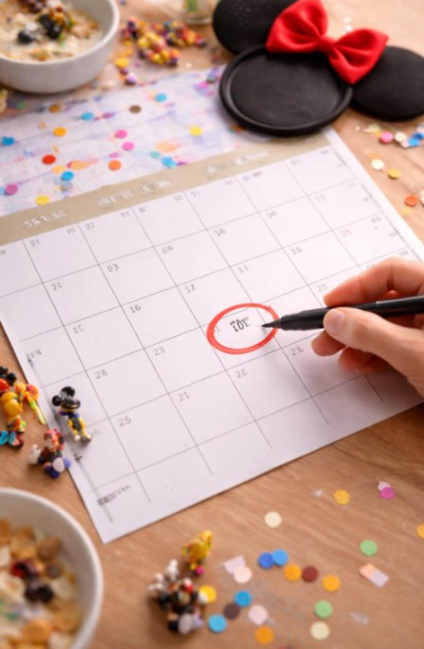 A hand circles a date on a calendar with trip written on it. Colorful confetti, Disney-themed figurines, a bowl of cereal, and Minnie Mouse ears decorate the wooden table.