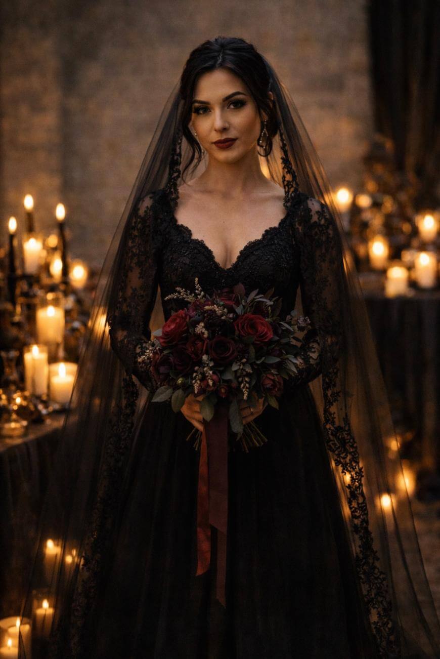 A bride in a black lace wedding dress and veil holds a bouquet of dark red and purple flowers, surrounded by glowing candles in a dimly lit, elegant setting.
