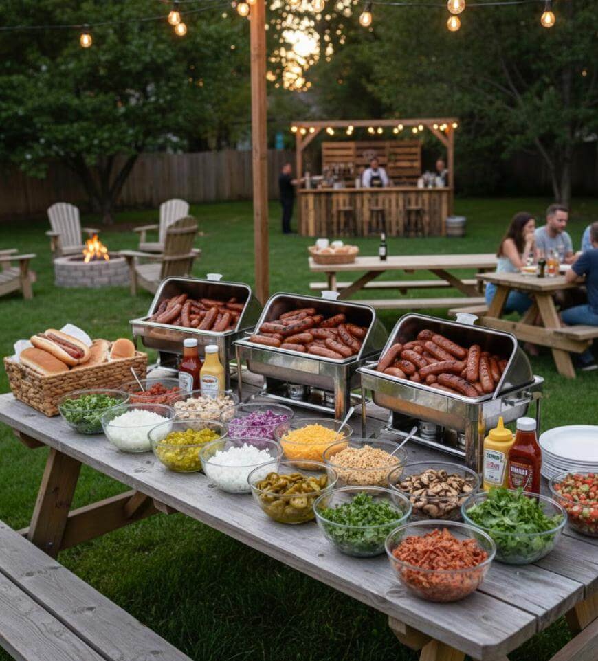 A picnic table outdoors is set with trays of sausages, hot dog buns, and bowls of various toppings, with people sitting and eating at other tables nearby under string lights.