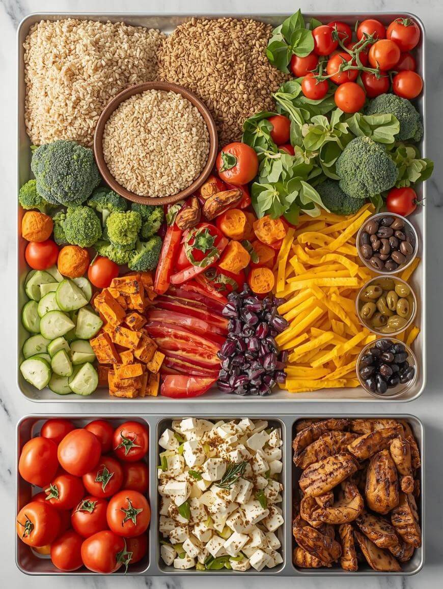 A tray filled with grains, leafy greens, tomatoes, broccoli, cucumber, carrots, sweet potatoes, bell peppers, olives, and beets, with smaller trays holding whole tomatoes, feta cheese cubes, and grilled chicken strips.