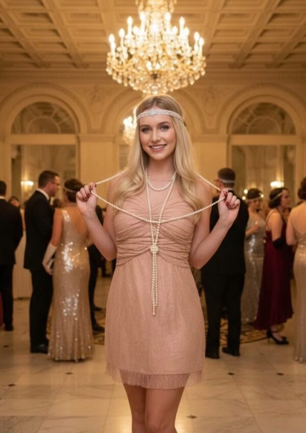 A woman in a blush flapper-style dress and headband smiles, holding a long pearl necklace, standing in an elegant, chandelier-lit ballroom with people in formal attire in the background.