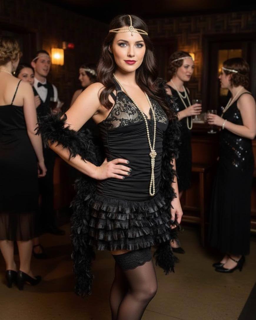 A woman in a black flapper dress, feather boa, and pearls poses at a 1920s-themed party. Other guests in vintage attire chat in the background, holding drinks. The scene is festive and elegant.