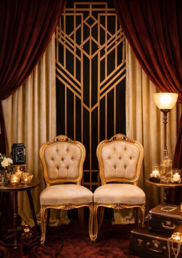 Two ornate vintage chairs sit side by side between round tables topped with candles, an old camera, and flowers. Behind them are rich red curtains, a gold art deco screen, and a tall lamp with stacked suitcases below.