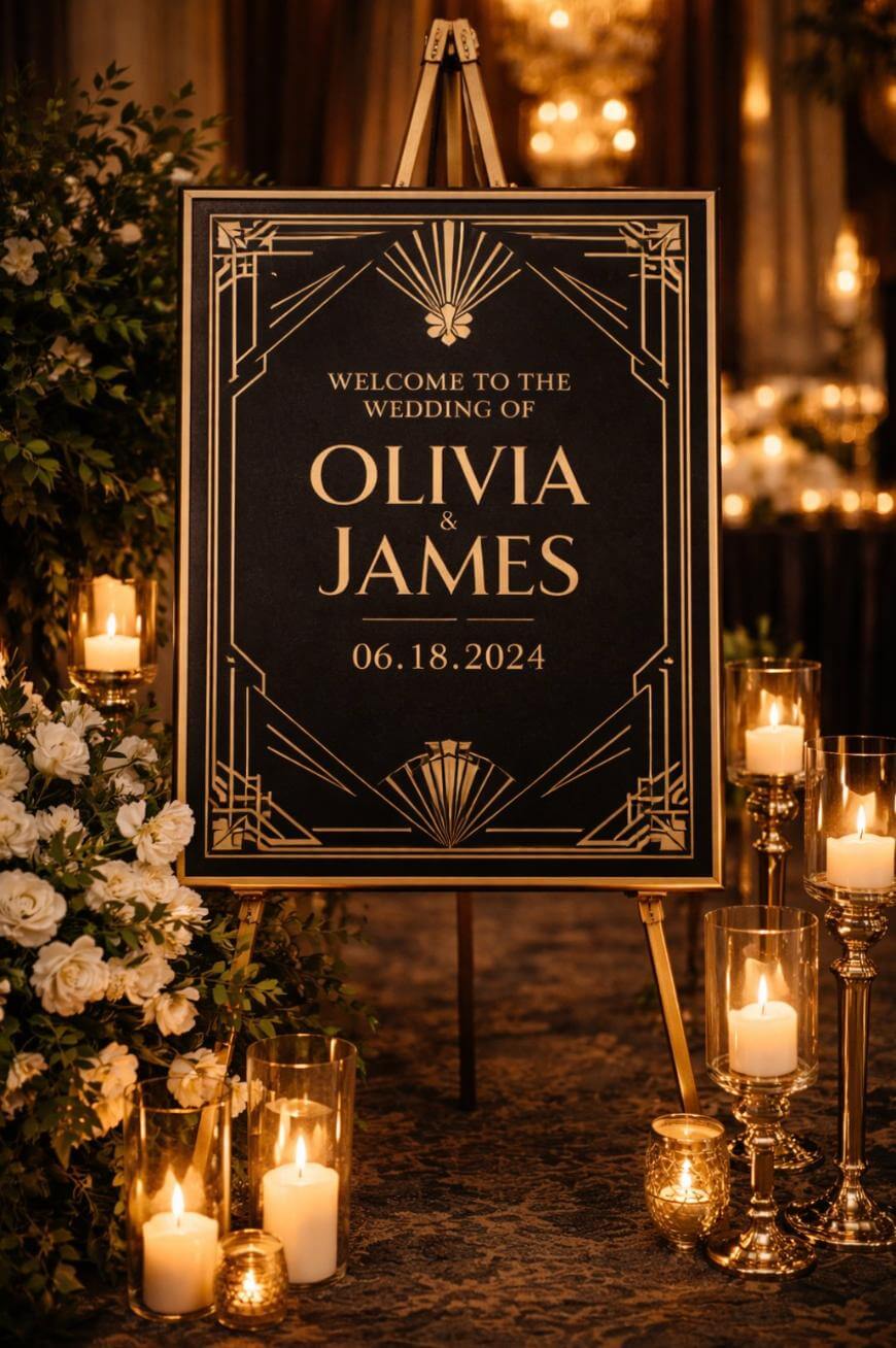 A black and gold art deco wedding sign on an easel reads, Welcome to the wedding of Olivia & James, 06.18.2024, surrounded by flowers and lit candles in glass holders.