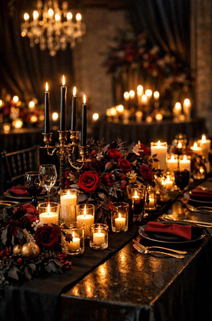 A luxurious dinner table set with black candles, gold candle holders, red roses, and glowing candles, creating a romantic, elegant atmosphere with rich dark table linens and gold cutlery, under a sparkling chandelier.