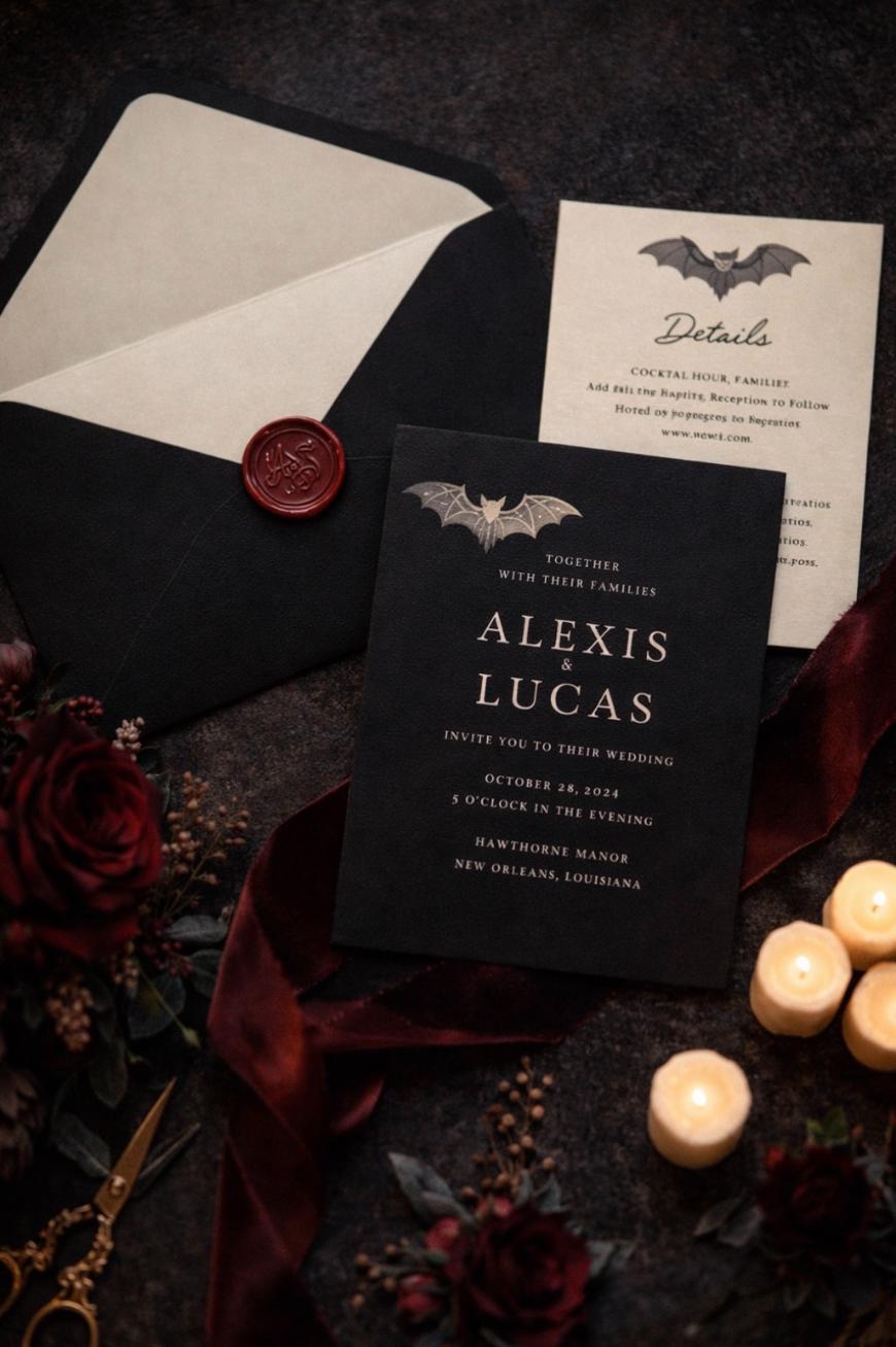 A gothic-themed wedding invitation suite with black cards, bat motifs, a wax-sealed envelope, dark red flowers, a red ribbon, scissors, and glowing candles, arranged on a dark background.