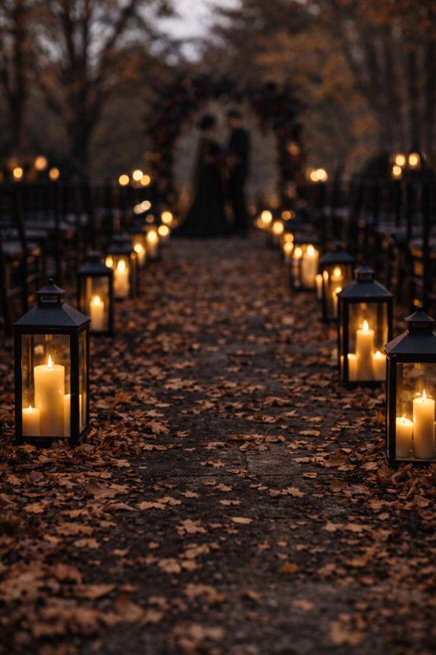 A candle-lit path lined with lanterns and autumn leaves leads to a blurred couple standing under an archway, creating a romantic, moody outdoor setting in the evening.