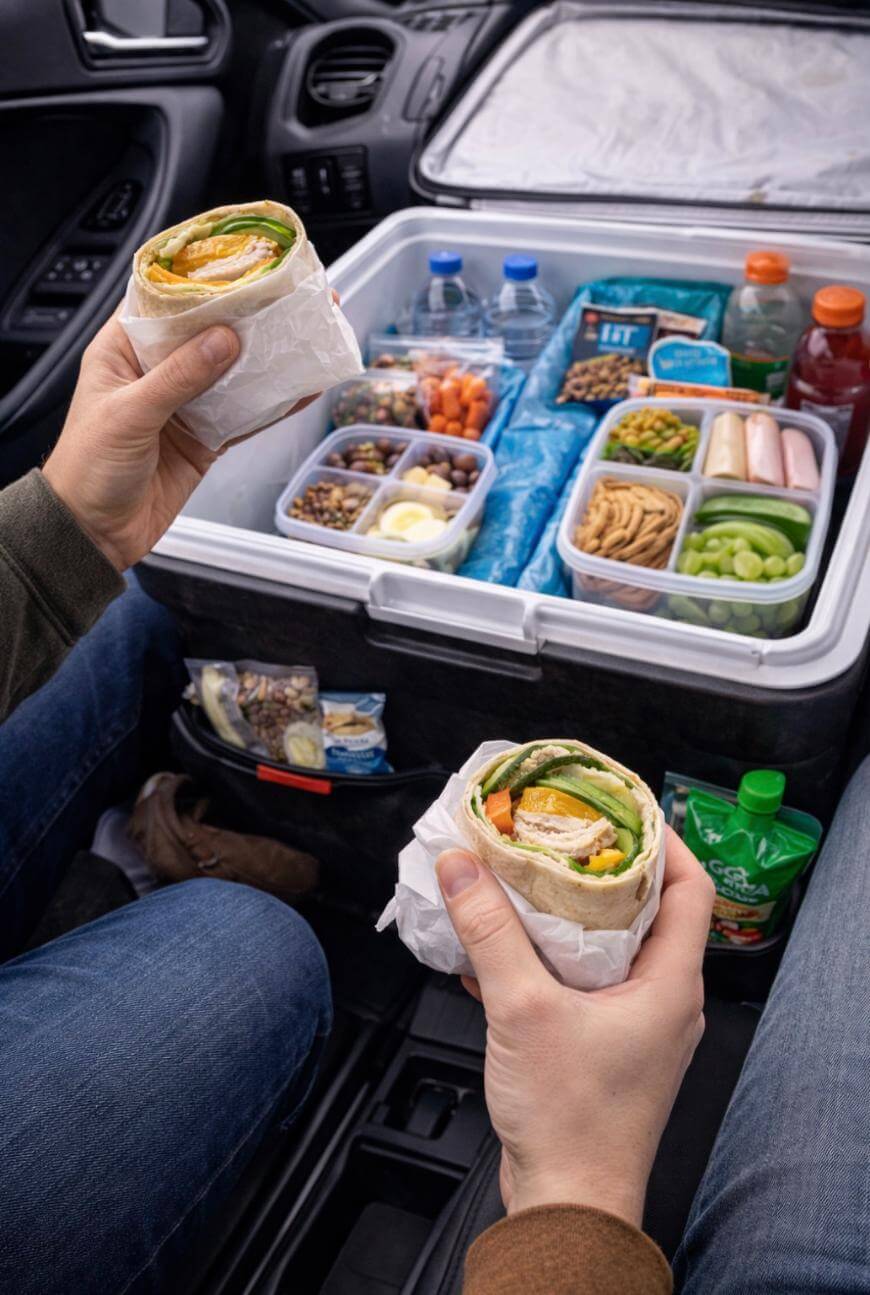 Two people in a car hold wraps filled with vegetables and chicken. An open cooler between them contains sandwiches, snacks, bottled water, fruit, and other packed food items for a road trip.