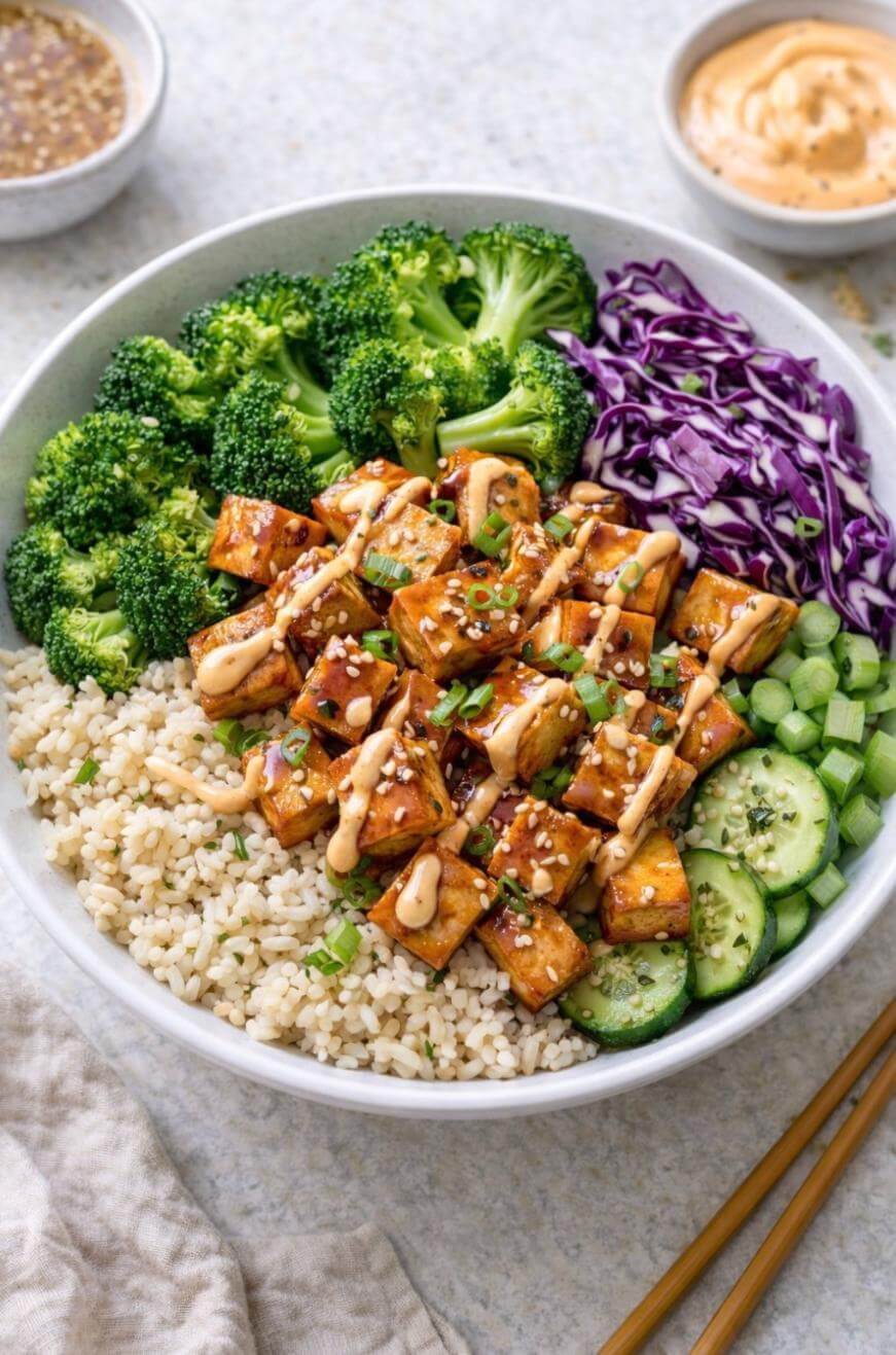 A bowl filled with brown rice, broccoli, cubed tofu with sauce, sliced cucumber, and shredded purple cabbage, topped with a drizzle of creamy dressing and sesame seeds. Chopsticks and two small sauce dishes are beside the bowl.