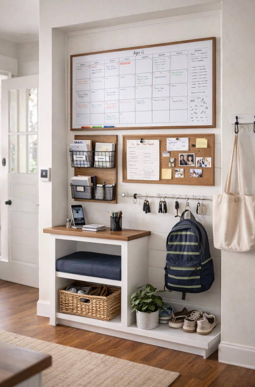 A tidy entryway features a calendar, corkboard, and mail organizer above a desk with a laptop, pens, and notepad. Below are shelves with a basket, shoes, a plant, and a bench with a backpack and jackets hanging on hooks.