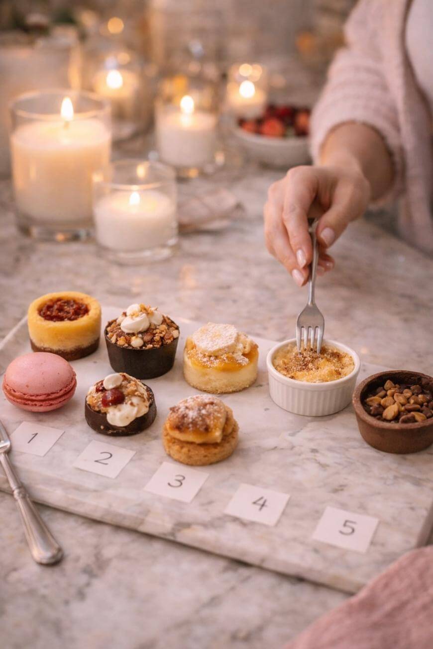 A hand holds a fork above a dessert in a ramekin on a marble table with various small desserts, numbered 1 to 5, surrounded by candles and bowls of nuts.