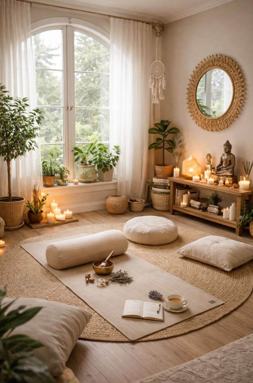 A serene, cozy meditation room with large windows, lots of plants, soft cushions, a mat, candles, and a Buddha statue, decorated in warm tones with natural light and calming decor.