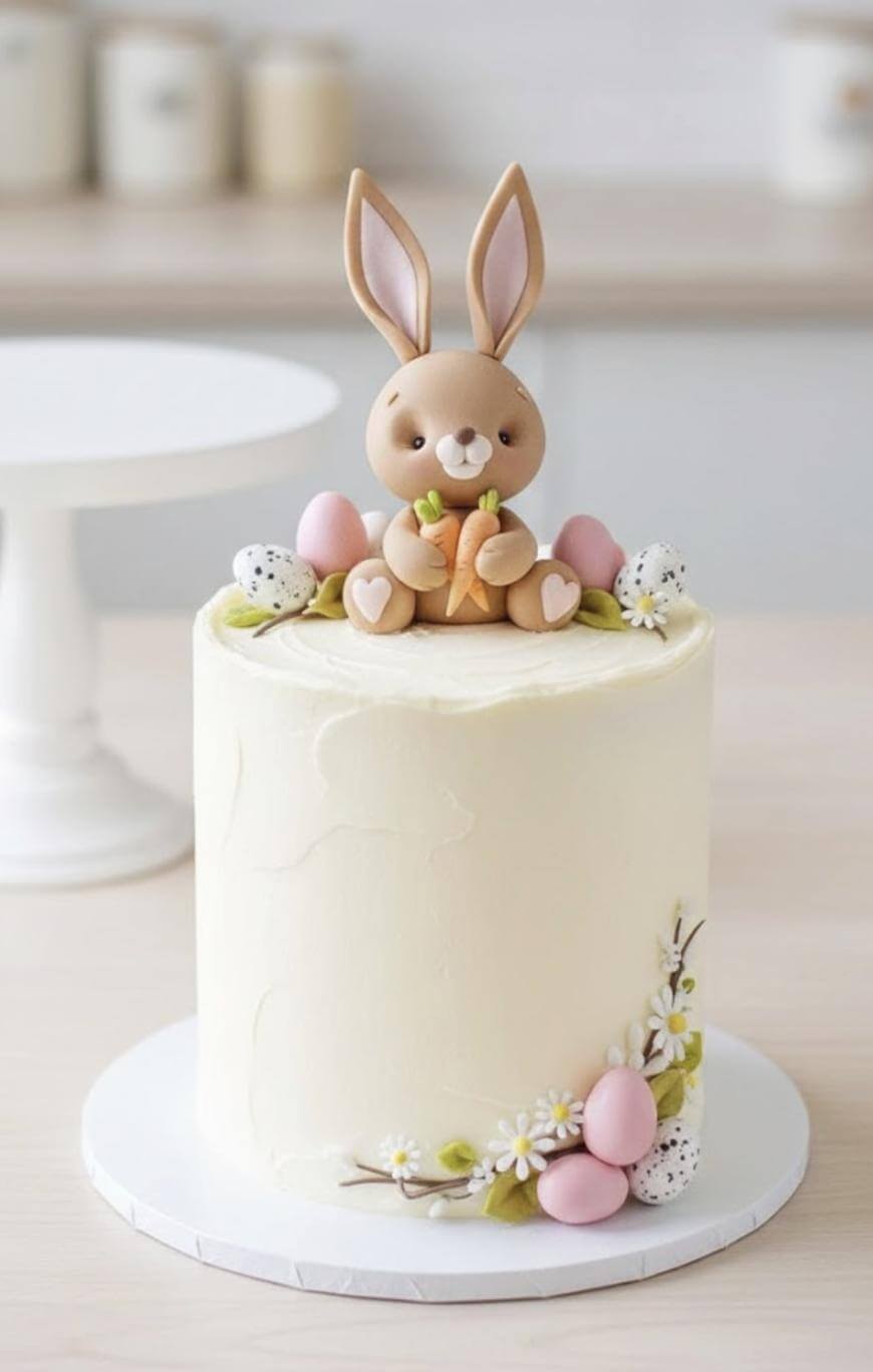A white frosted cake decorated with a fondant bunny holding a carrot, pastel eggs, small white flowers, and green leaves. The cake is placed on a white cake stand in a light, minimal kitchen setting.