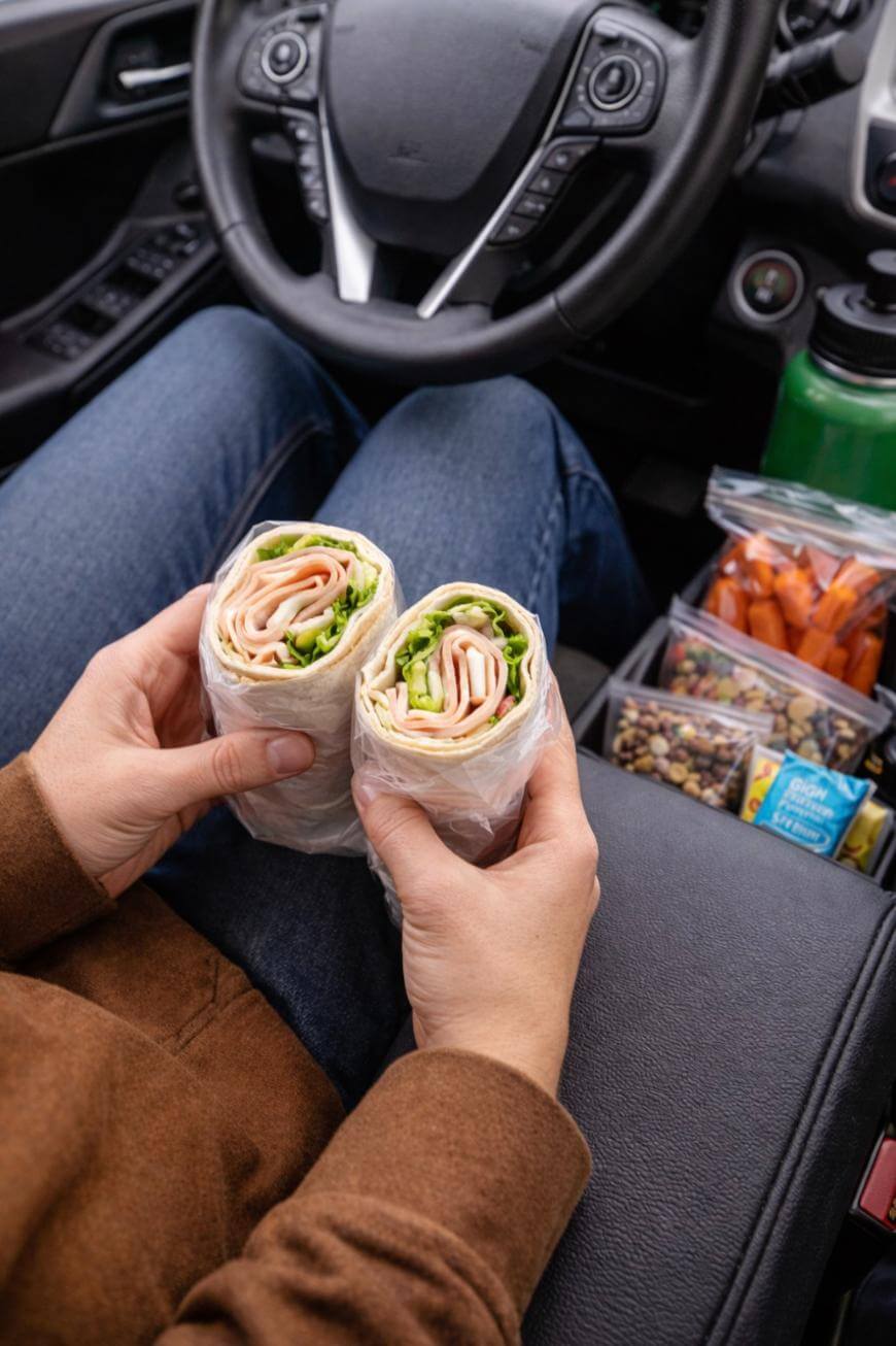 A person holds two turkey and lettuce wraps in a car. On the center console are containers with carrots, trail mix, and a green water bottle. The car interior and steering wheel are visible.