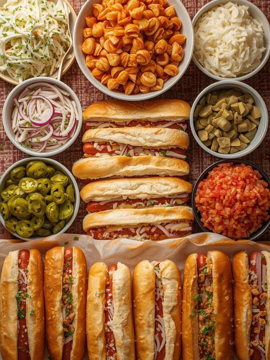 A table set with hot dogs in buns and various toppings in bowls, including shredded cheese, pickled jalapeños, diced tomatoes, chopped onions, sliced olives, coleslaw, and mini pretzel bites.