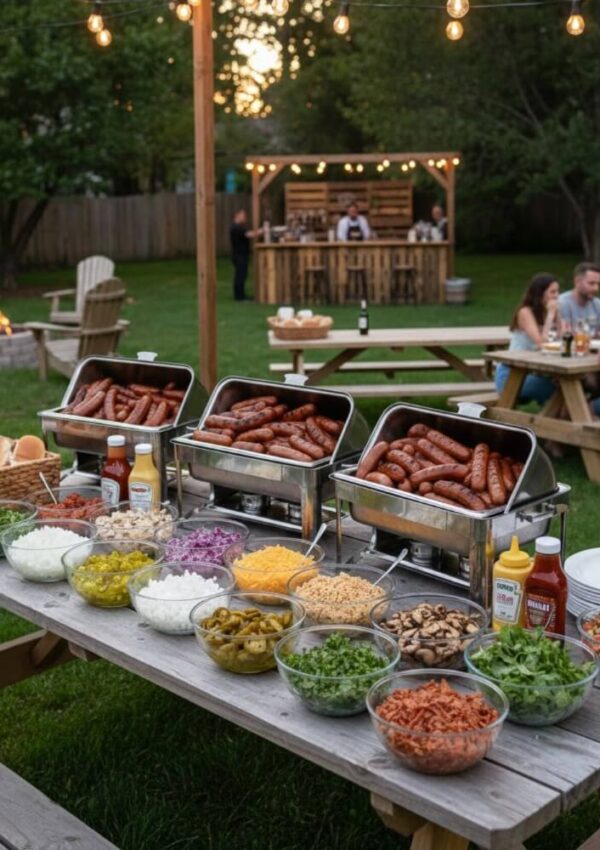 A picnic table outdoors is set with a buffet of sausages, buns, toppings, and condiments. People sit at picnic tables in the background, with string lights and a wooden bar visible. The setting is a grassy yard with trees.