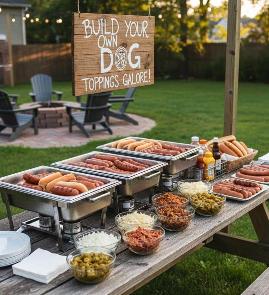 A picnic table outdoors is set up with trays of hot dogs, buns, and various toppings like onions, jalapenos, shredded cheese, and sauces. A sign above reads, Build Your Own Dog—Toppings Galore!.
