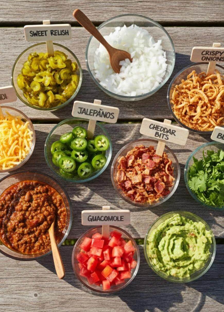 Twelve bowls on a wooden surface filled with hot dog toppings, including shredded cheese, sweet relish, jalapeños, diced onions, crispy onions, chili, bacon, cheddar bits, cilantro, guacamole, and diced tomatoes.